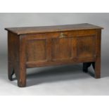 A late 17th century oak boarded coffer with a triple panelled front, the lid retaining original wire