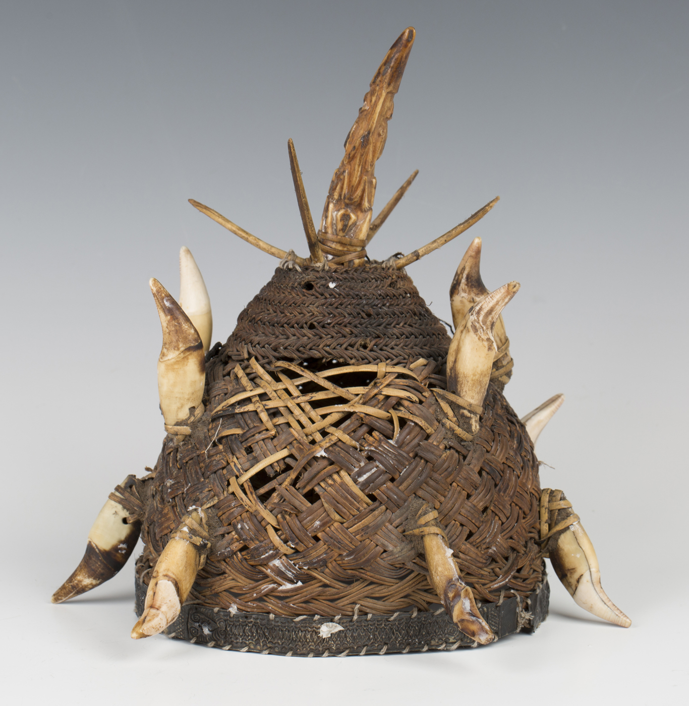A Nagaland woven cane tribal hat, North-east Indian, with overall applied boars' tusks, height - Image 2 of 2