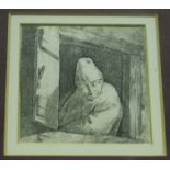 Cornelis Bega - Man at a Window, 17th century etching on laid paper, 7.5cm x 7.5cm, within a