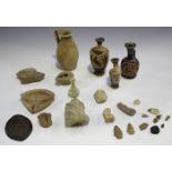 A collection of antiquities and later items, including a Greek Apulian Xenon ware ewer, height 11.