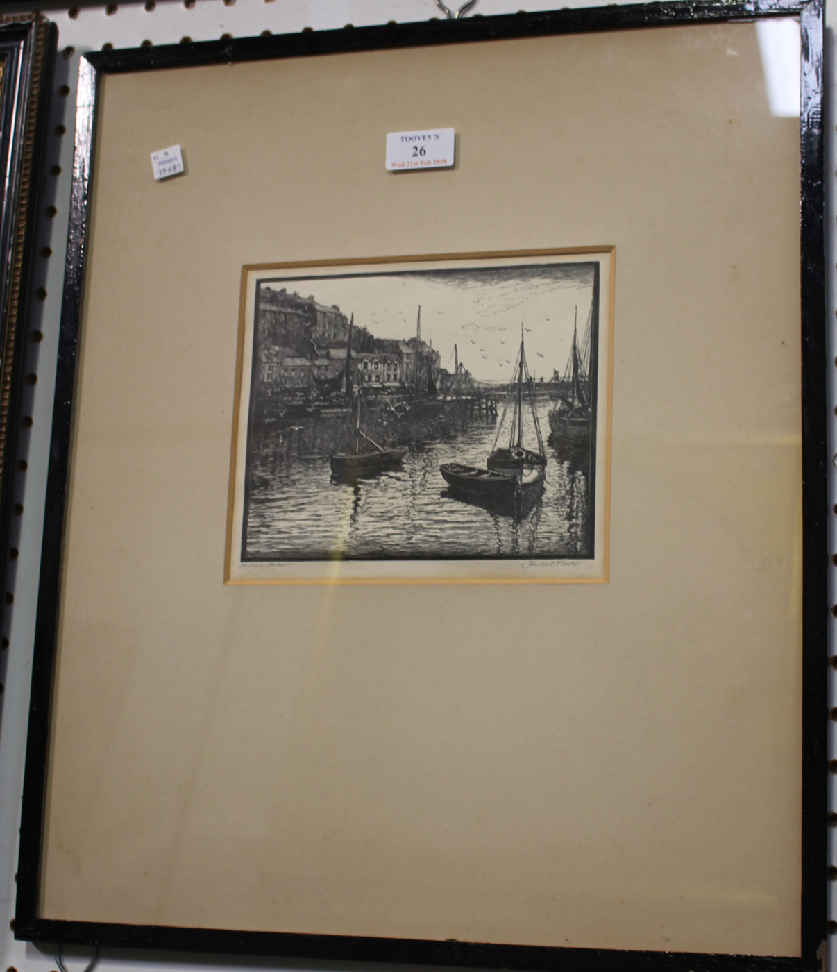 Charles Edwin Flower - 'Brixham Harbour', monochrome woodcut, signed and titled in pencil recto,