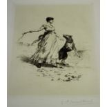 George Percy Jacomb Hood - Lady throwing Sticks for a Dog, early 20th century etching, signed in