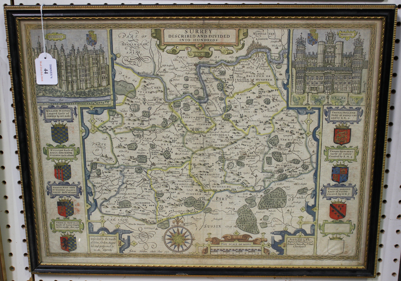 Jodocus Hondius - 'Surrey Described and Divided into Hundreds' (Map of the County), engraving with