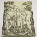 Marcantonio Raimondi - Allegorical Scene of a Young Woman between Two Men, 16th century etching with