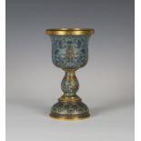 A Chinese cloisonné goblet, Qing dynasty, the bell shaped bowl raised on a knop stem and domed