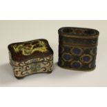 A Chinese cloisonné enamel and brass oval box and cover, late Qing dynasty decorated with black,
