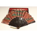 A Chinese Canton export lacquer folding fan, mid/late 19th century, the fourteen lacquer sticks