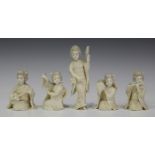 A group of five Japanese carved ivory okimono figures of female musicians and dancers, Meiji/