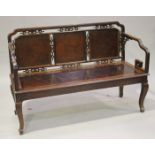 A Chinese hardwood bench, late Qing dynasty, the triple panelled back inset with burr wood panels