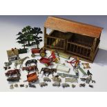 A collection of Britains farm animals and accessories, a giraffe, three Britains trees, a wooden