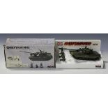 Four Polistil 1.50th scale Chieftain Mk3 tanks with foot soldiers, and two Polistil Centurion Mk5