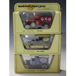 A collection of Matchbox Models of Yesteryear, all within woodgrain, corn coloured, burgundy and