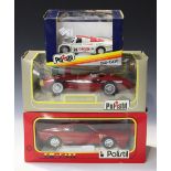 A collection of Polistil die-cast model cars, including an Alfa Romeo 1750, a Jaguar XKE, a Ferrari,