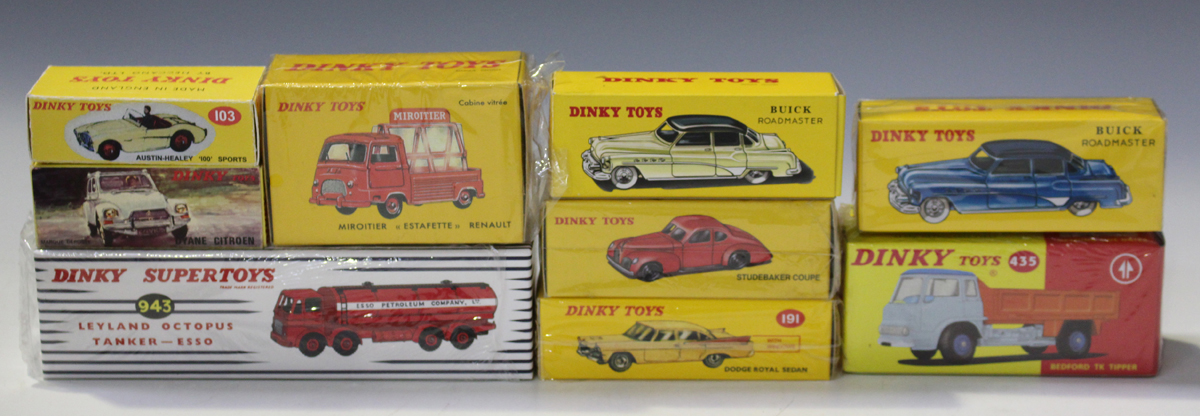 A collection of Atlas Dinky Toys cars and commercial vehicles, including a Leyland Octopus tanker '