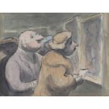 Edward Ardizzone - Figures at an Exhibition, 20th century watercolour over ink, signed with