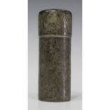 An Edwardian sterling shaving stick holder of cylindrical form, engraved with foliate scrolls,
