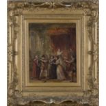 Circle of George Cattermole - Figures before the Queen, oil on panel, 30cm x 24cm, within a gilt