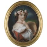 Continental School - Oval Half Length Portrait of a Young Girl wearing Flowers in her Hair and