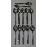 A set of ten Georg Jensen sterling acorn pattern coffee spoons, post-1945, length 11.3cm, together