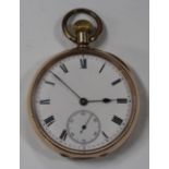 A gold cased keyless wind open-faced gentleman's pocket watch, with an unsigned gilt jewelled