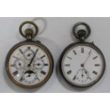 A gun metal cased keyless wind open-faced gentleman's calendar pocket watch, the inner case and