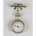 A gold cased, green and white enamelled keyless wind open-faced lady's fob watch, with an unsigned