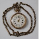 A gold cased keyless wind open-faced lady's fob watch, with a gilt cylinder movement, base metal