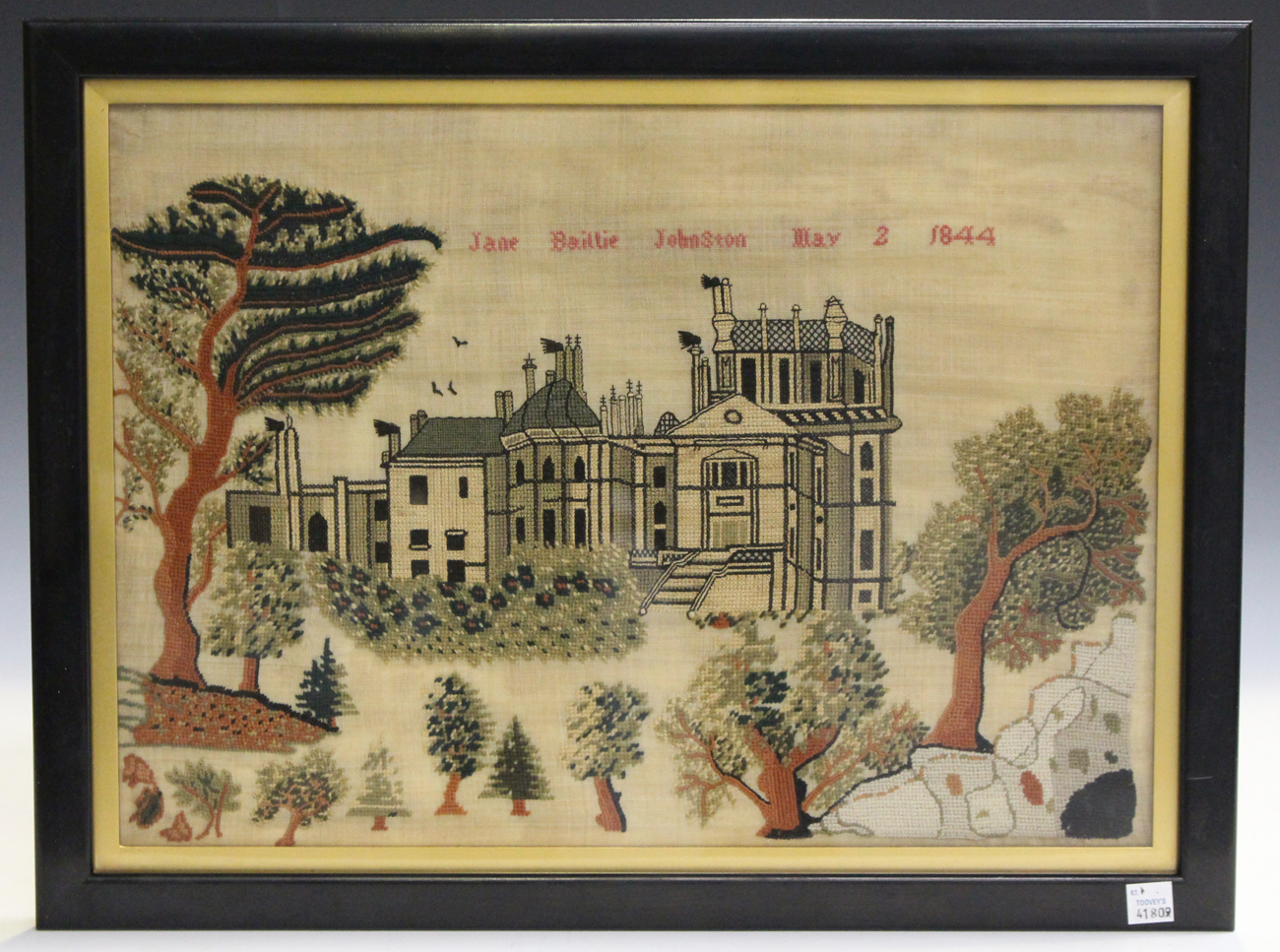 An early Victorian pictorial needlework sampler by Jane Baillie Johnston, dated May 2 1844, worked