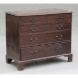 A late George III mahogany chest of two short and three graduated long drawers, on bracket feet,