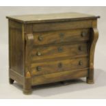 A 19th century French walnut commode, fitted with three long drawers, on block legs, height 93cm,