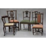 A pair of Edwardian walnut bedroom chairs, a mahogany pierced splat back dining chair, a rosewood