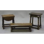 A 20th century oak joint stool, height 55cm, width 42cm, another oak stool and an oak drop-flap