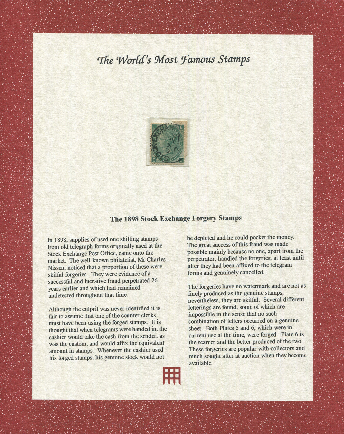 A Great Britain 1872 1 shilling green plate 5 Stock Exchange forgery stamp, within Westminster