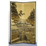 A Japanese woven two-fold screen, early 20th century, depicting a large temple complex within