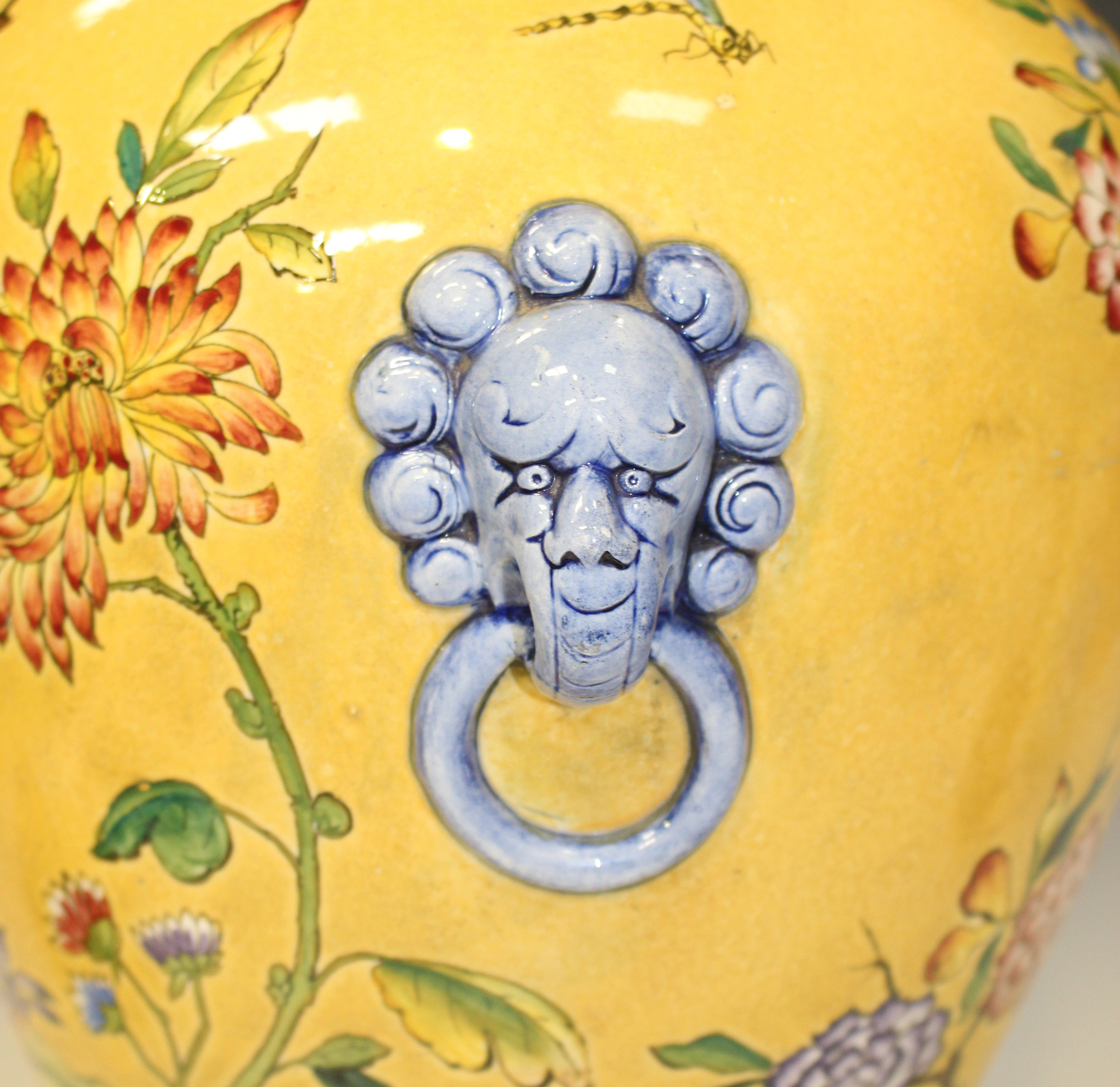 A large pair of Gien pottery yellow ground vases and covers, last quarter 19th century, the baluster - Image 4 of 6