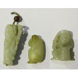 A group of three Chinese celadon jade carvings, late Qing dynasty, comprising a figural pendant,