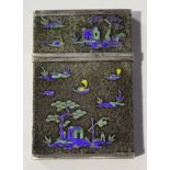 A Chinese export silver and enamel rectangular card case and cover, mid-19th century, each side