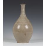 A Korean grey celadon glazed bottle vase, Joseon/Choson dynasty, inlaid with six white slip