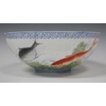 A Chinese eggshell porcelain bowl, 20th century, the exterior painted with fish swimming amongst