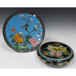 A Chinese cloisonné bowl, early 20th century, of shallow circular form, decorated with dragons on