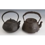 A Japanese iron tetsubin (tea kettle) and cover, Meiji period, the body with cast textured surface