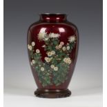 A Japanese Ando cloisonné and ginbari enamel vase, Showa period, the stout ovoid body decorated with