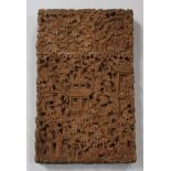 A Chinese Canton export sandalwood rectangular card case, mid/late 19th century, typically carved in