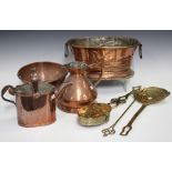 A small group of various copper and brassware, including a Dutch jardinière, a half-gallon measure