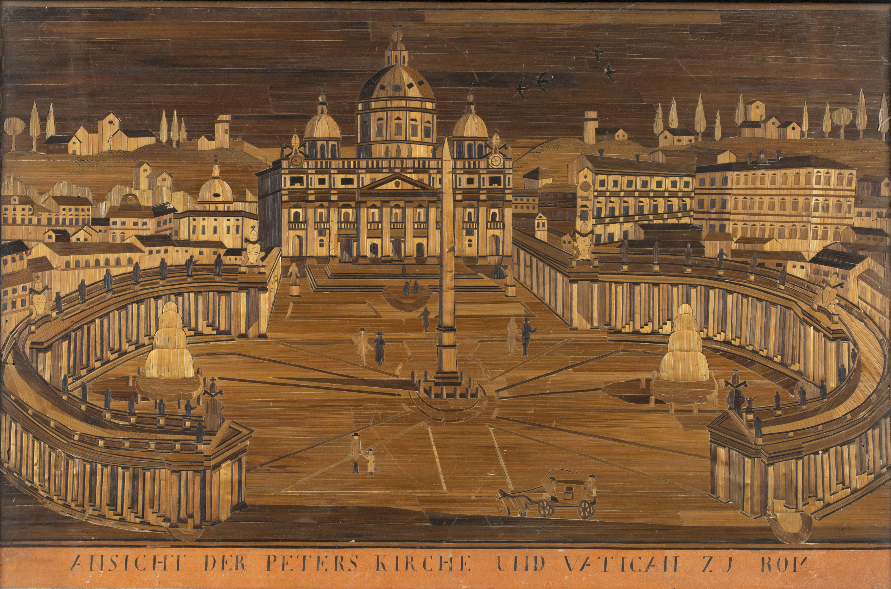 A late 19th century Continental straw work rectangular panel depicting a view of St Peter's