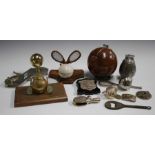 A group of tennis related collectors' items, including four various inkwells, an oak tobacco jar,