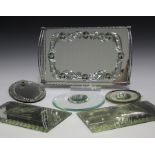 An early 20th century French mirrored glass tray with foliate etched decoration and chromium