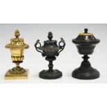 A Regency gilt bronze pastille burner of campana urn form, height 11.5cm, together with two other