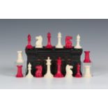 A 19th century Jaques ivory Staunton chess set, one side stained red, the underside of the white