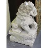 A pair of late 20th century Chinese reconstituted white marble garden models of temple dogs,